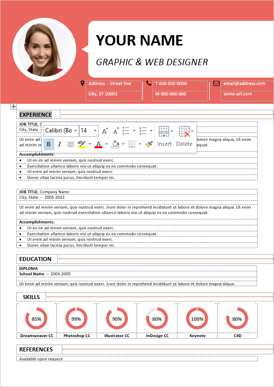 Well-organized, table-formatted and fully editable free resume template for Word